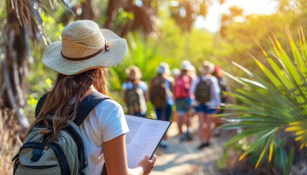 Teacher and students on school nature trip exploring rich biodiversity in lush forest