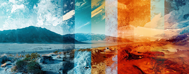 Abstrakte blaue und rote Landschaft mit Bergen, Sonne und Mond als Banner - Panorama