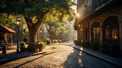 The warm hues of the setting sun illuminate a cobblestone street in the heart of the city - Powered by Adobe
