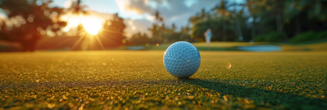 A closeup of the ball on green grass  with a blurred background,  outdoor golf course