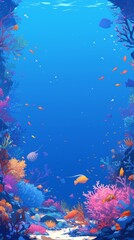 Obraz na płótnie Canvas Coral reef and tropical fish border, underwater beauty summer sales banner, deep blues and vibrant corals