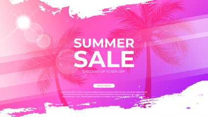 Summer Sale. Summertime commercial banner with palm trees, summer sun and white brush strokes for business, seasonal shopping promotion and sale advertising. Vector illustration.