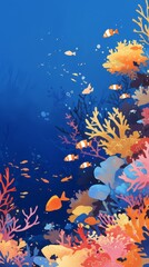 Naklejka na ściany i meble Coral reef and tropical fish border, underwater beauty summer sales banner, deep blues and vibrant corals