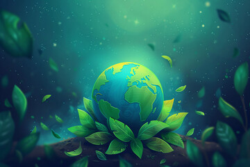 Fototapeta na wymiar Stylized earth with green leaves on dark starry background