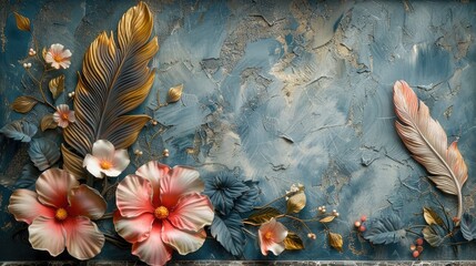 Ornate Magnolia Relief on Textured Marble Wall Art