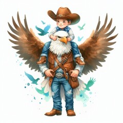 Eagle Father and Boy. Patriotic with American Flag. Watercolor 4th July Memorial Day Clip Art. Celebration USA (United State) Art Cute Kid Cartoon For Independence Day or Father Day