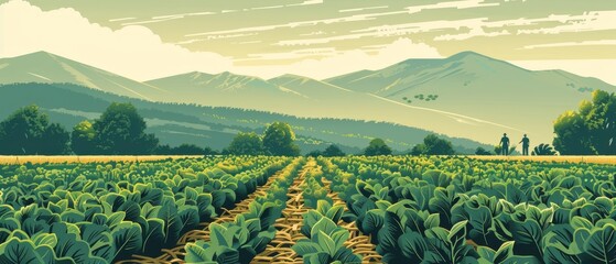 Farmers tending fields border, agricultural summer sales banner, earthy tones and green crops