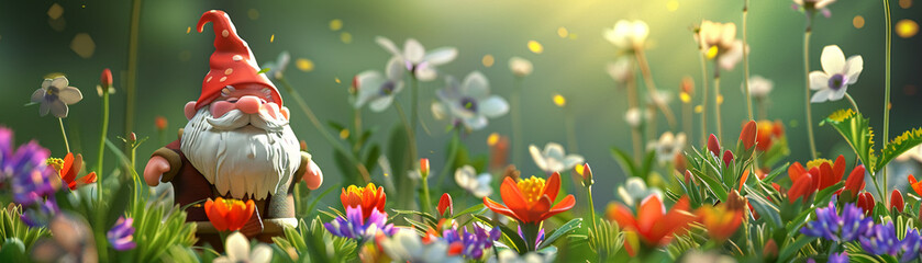 3D vector of a whimsical garden gnome among colorful spring flowers, playful and enchanting theme