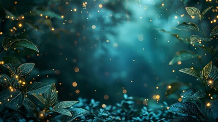 Midsummer night's dream sales ad, border of mystical forest and fireflies, enchanting forest hues, magical night copy space