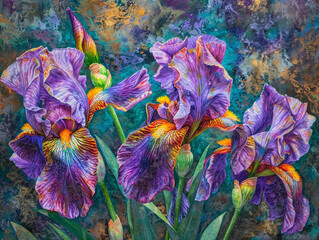 Majestic iris flowers in bloom, realistic texture and vibrant colors, elegance of the spring garden