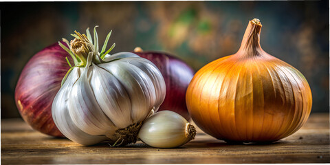 Onion and garlic, wallpaper, background, food, vegetables, prepared food, macro, vitamins, healthy food, generated by AI