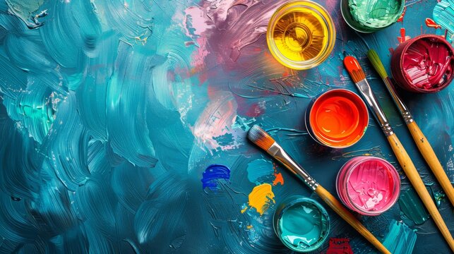 Summer art and wine night sales ad, border of paintbrushes and wine glasses, creative sips colors, paint and sip deals copy space