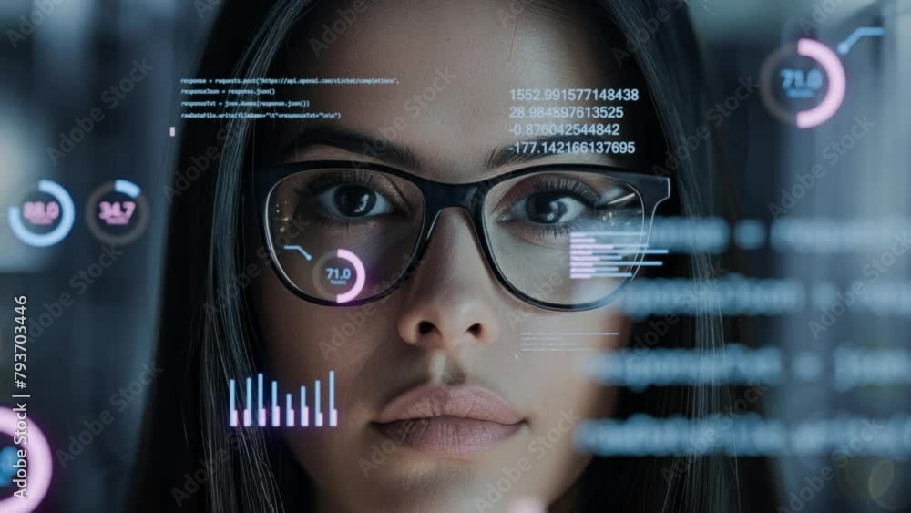 Poster futuristic vision, data technology portrait. woman with augmented reality interface in computer data