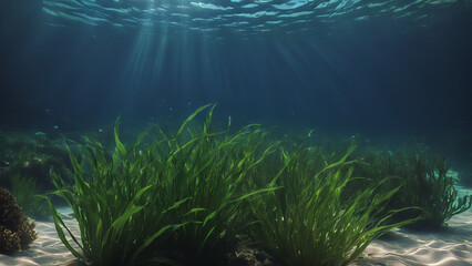 Fototapeta na wymiar Green seagrass plant under aquatic blue sea with ray light