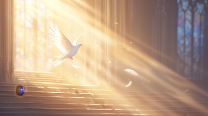 The Christian church is the blurred background, the stairs lead to a door, there are some white doves on the stairs, love and hope, the background is sunlight and bokeh, used to symbolize the relation
