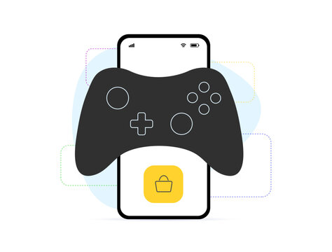 Mobile gaming purchase, in-app transactions concept. Gaming app payments, microtransactions in games, Purchasing upgrades, items and virtual goods. Joystick vector icon on mobile phone background