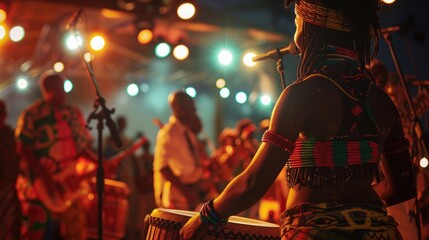 A group of African musicians standing in front of a stage, with the instruments and rhythms of...