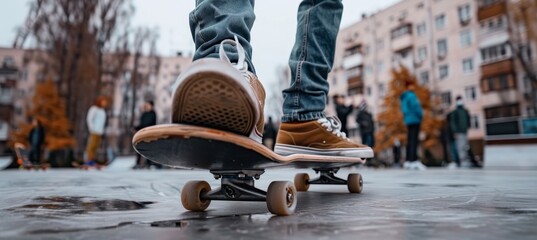 Teenager s foot on skateboard against blurred background of street crowd, close up shot