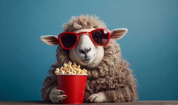 Funny hipster sheep with fashion sunglasses holds a red cup of cola and a basket of popcorn rest and watching a movie on a blue background. Creative idea, rest. Happy fun animal concept See Less