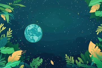 Small Earth illustration surrounded by foliage on a starry night