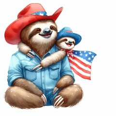 Naklejka premium Sloth Father and Son. Patriotic with American Flag. Watercolor 4th July Memorial Day Clip Art. Celebration USA (United State) Art Cute Kid Cartoon For Independence Day or Father Day