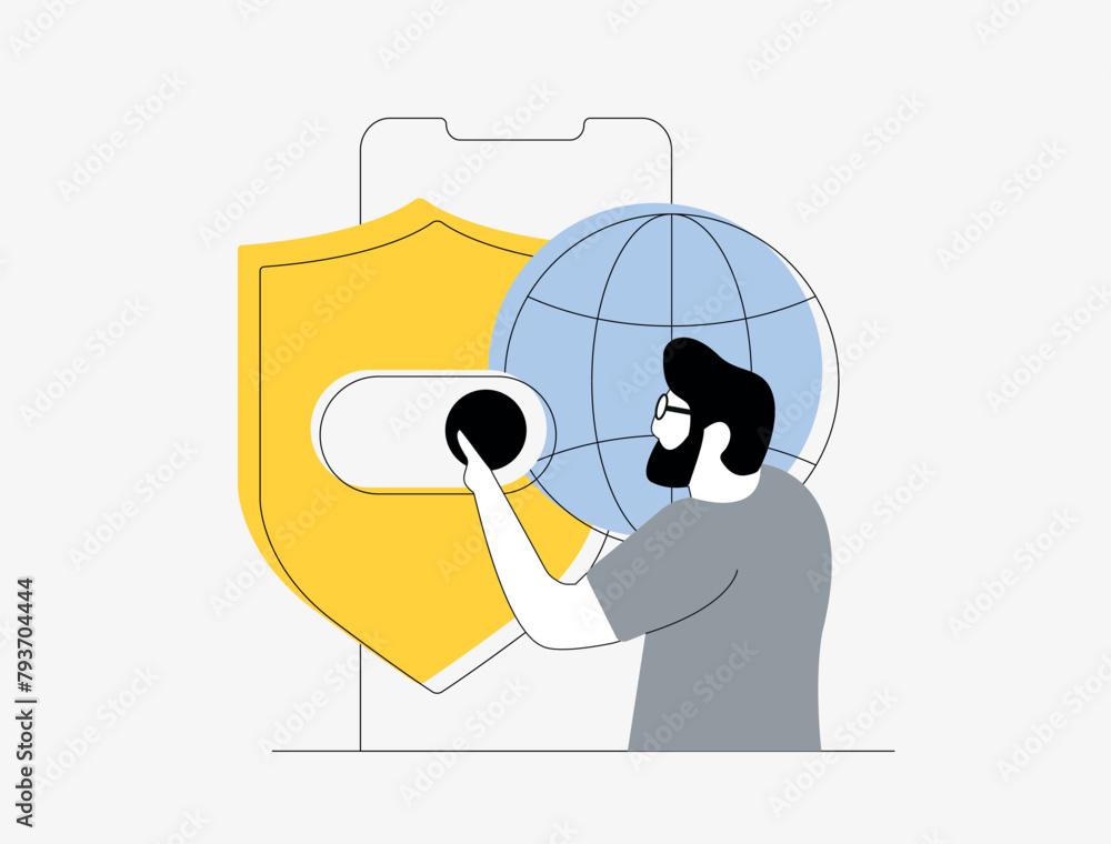 Poster smartphone security, mobile firewall icon. vpn gateway cybersecurity for mobile devices, firewall sh