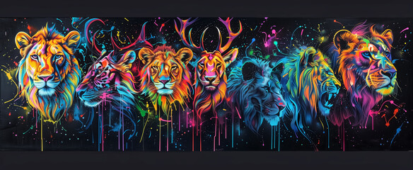 Colorful psychedelic neon painting of melting wild animals,black