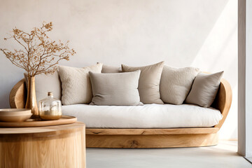 Round wooden sofa with beige pillows against stucco wall with copy space. Farmhouse country boho interior design of modern living room, home.