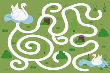 Children's educational game labyrinth. Vector game for children with a pair of cute swans
