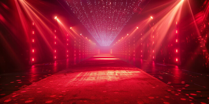 Red carpet with lights in the background. Free stage with lights, Empty stage with red  spotlights,. Presentation concept	
