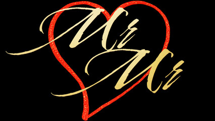 red gold heart with gold “Mr Mr” lettering, 3D rendering