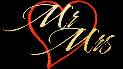 red gold heart with gold “Mr Mrs” lettering, 3D rendering