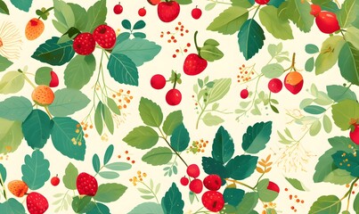 Raspberry and green leaves pattern, Generative AI 