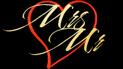 red gold heart with gold &ldquo;Mrs Mr&rdquo; lettering, 3D rendering