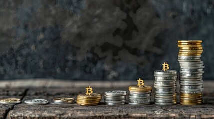 stacks of coins with one silver coin in the center, in the style of bitcoin symbol on it, on a wooden table under studio lighting, against a black background, for product photography