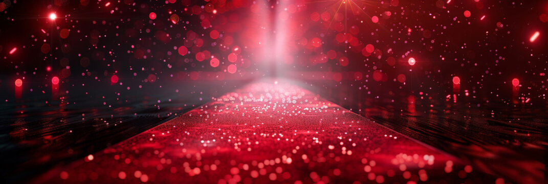 Red carpet with lights and stars in the background. Free stage with lights, Empty stage with red  spotlights,. Presentation concept	
