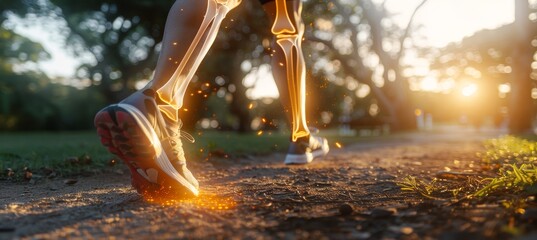 Injured male runner with calf muscle pain on outdoor trail, foot bone visible on dirt path
