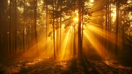 Fototapeta premium Sun rays shining through the forest