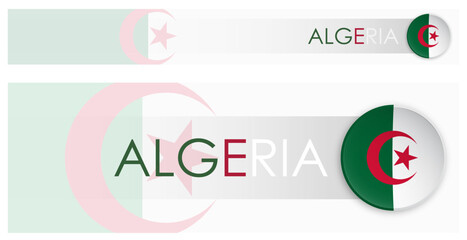 Algeria flag horizontal web banner in modern neomorphism style. Webpage Algerian country header button for mobile application or internet site. Vector