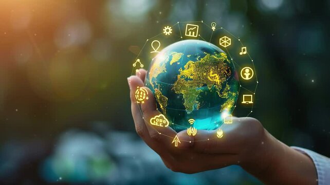 Crystal globe with sustainable development and ESG icon for environment social, governance, and business cooperation for World sustainable environment social governance concept. Earth day	