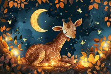 Adorable illustration of a baby giraffe snuggled up in a bed of leaves, surrounded by fireflies and a crescent moon - obrazy, fototapety, plakaty