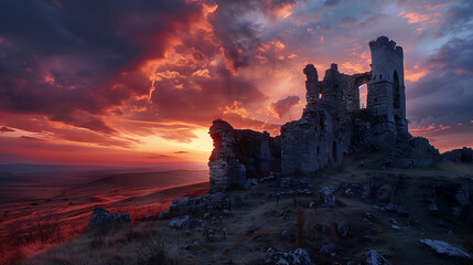 Fototapeta premium A ruined castle on a hilltop at sunset