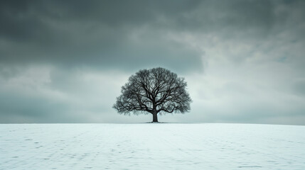 A single tree stands in a snowy field under a gray sky. - Powered by Adobe
