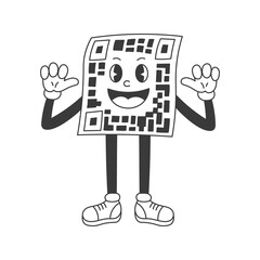 QR Code retro cartoon character. Happy groovy mascot for social media, scan infographic, instruction. Coding emoticon. Vector illustration. 