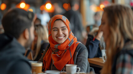 Photo of Smiling Young Arab Woman in Hijab with Friends at Cafe, Friendly Gathering, Enjoying Company and Conversation, Modern Lifestyle and Social Interaction, Cultural Diversity in Urban Setting.