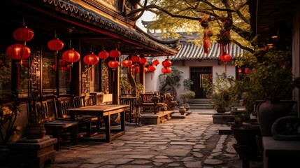 Courtyard filled with tables and lanterns hanging from the ceiling