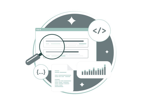 Technical SEO - audit, code optimization, improve ranking factors with on-page and off-page seo. Web site speed, mobile optimization, structured data and analytics. Vector illustration with icons