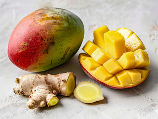 photo of a ripe mango and a slice of ginger on a light background.
