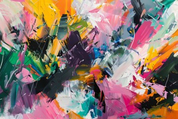An abstract expressionist painting, with energetic brushwork and vibrant colors