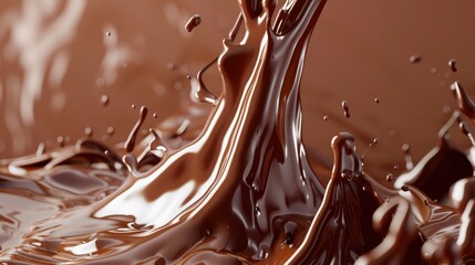 closeup of chocolate liquid splash in the air over a brown background - obrazy, fototapety, plakaty